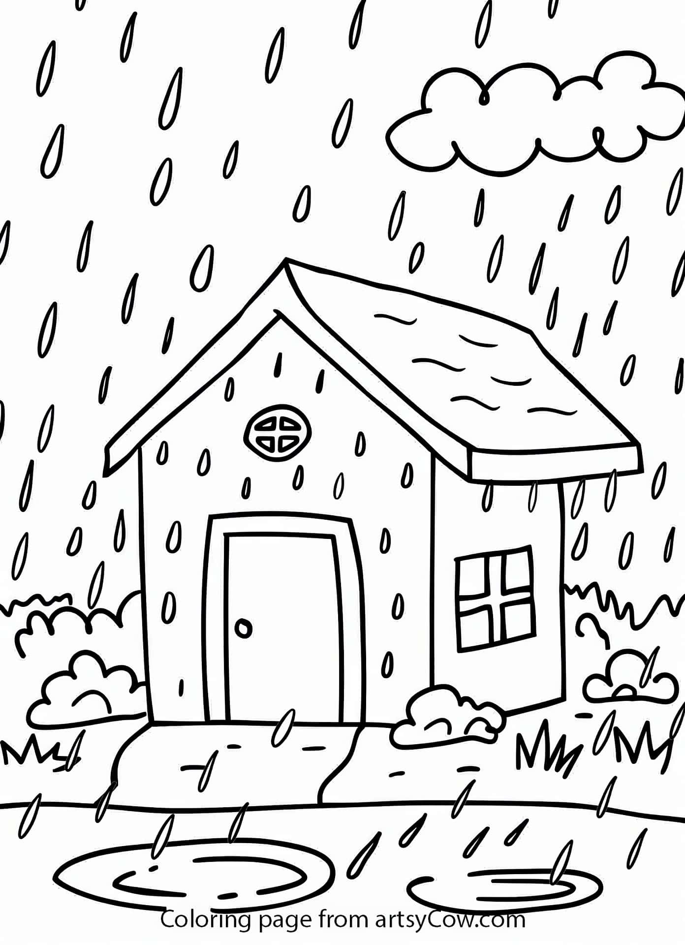 a simple house under rain with clouds and puddles